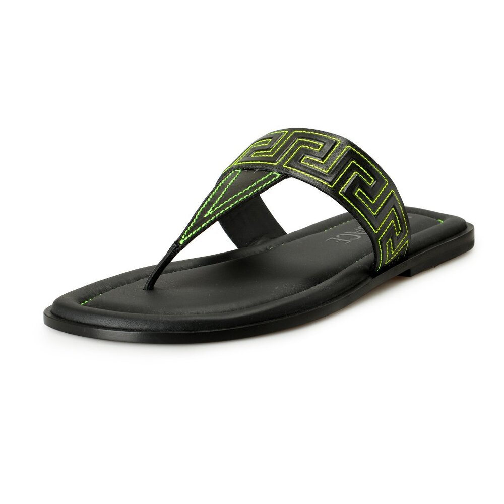 Versace Men's Black & Green Leather Pool Slide Flip Flops Shoes US 8.5 IT 41.5